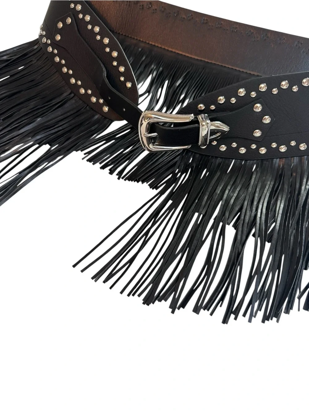 House of Harlow 1960 Black Fringe Belt with Silver Studs and Buckle